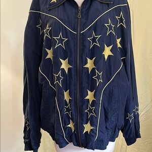 Gold and Blue Star-Embellished Bomber Jacket